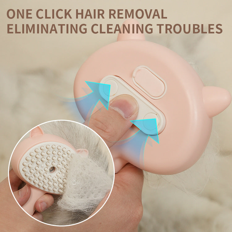 Rechargeable pet grooming mist brush with self-cleaning design